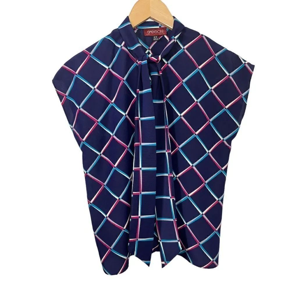 VINTAGE SASSON Women’s Geometric Print Tie Neck Polyester Blouse Blue Size 4/5